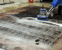 Professional rug cleaning with a rotary floor machine and shampoo foam, deep-cleaning an area rug, in Oakland, CA.