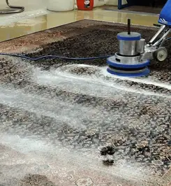 Professional rug cleaning with a rotary floor machine and shampoo foam, deep-cleaning an area rug Oakland, CA.